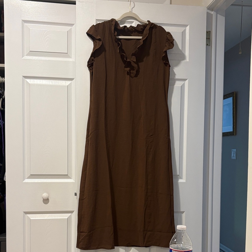 Women's Brown Ruffle-Trim Midi Dress